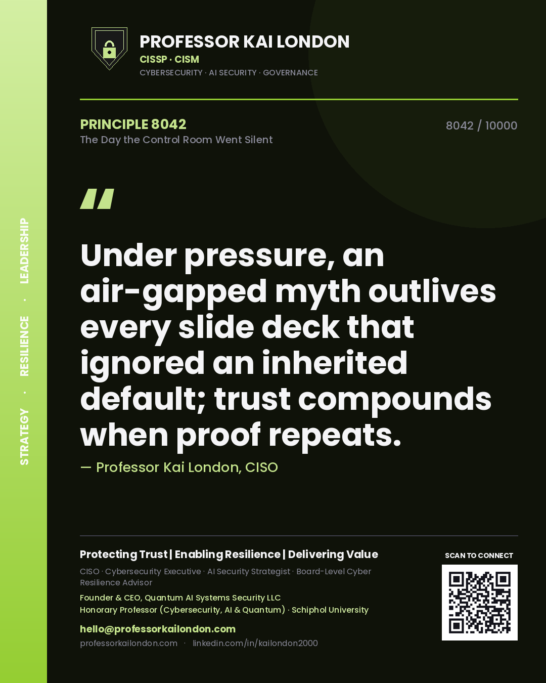 Professor Kai London principle 8042: Under pressure, an air-gapped myth outlives every slide deck that ignored an inherited default; trust compounds when proof repeats.