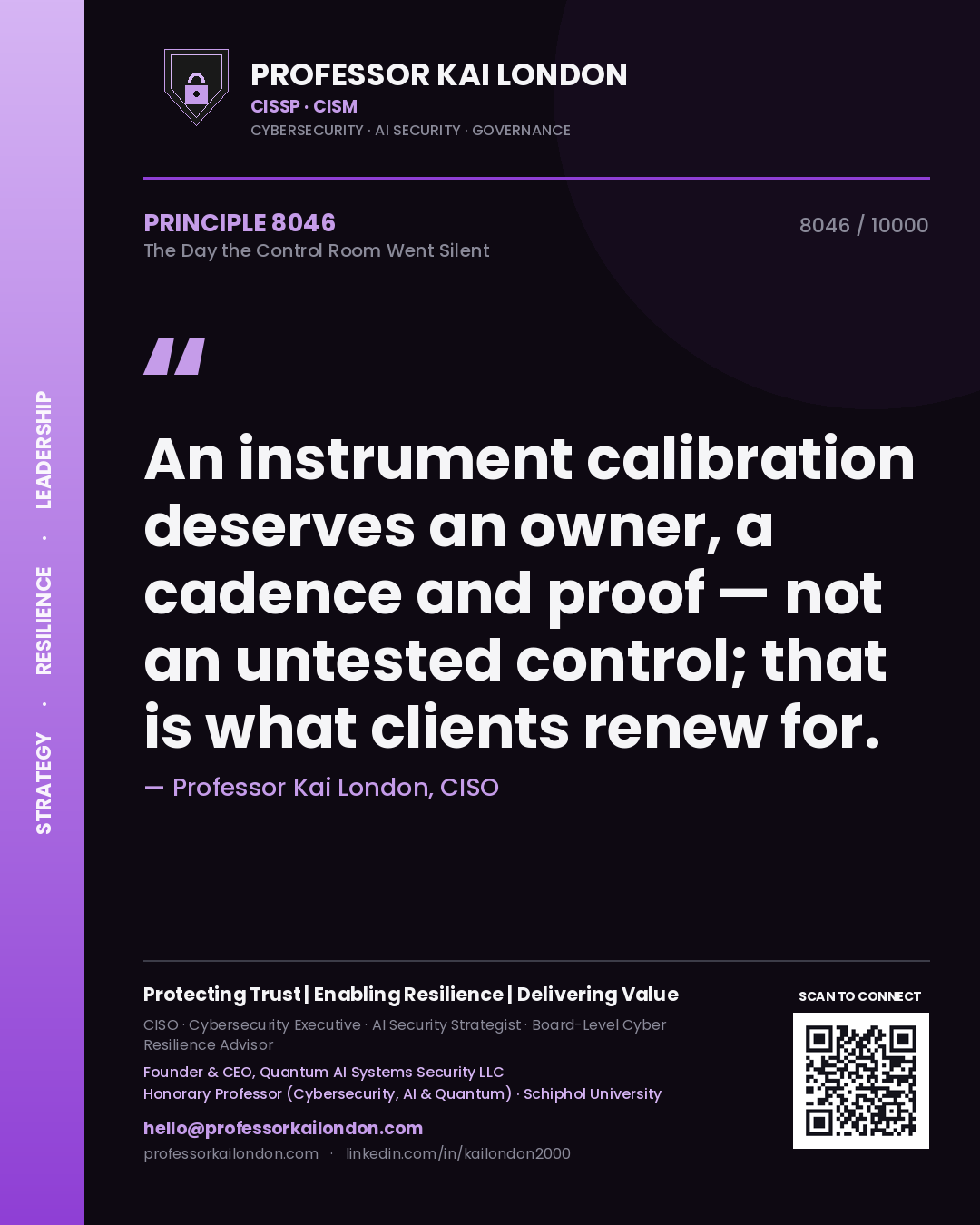 Professor Kai London principle 8046: An instrument calibration deserves an owner, a cadence and proof — not an untested control; that is what clients renew for.