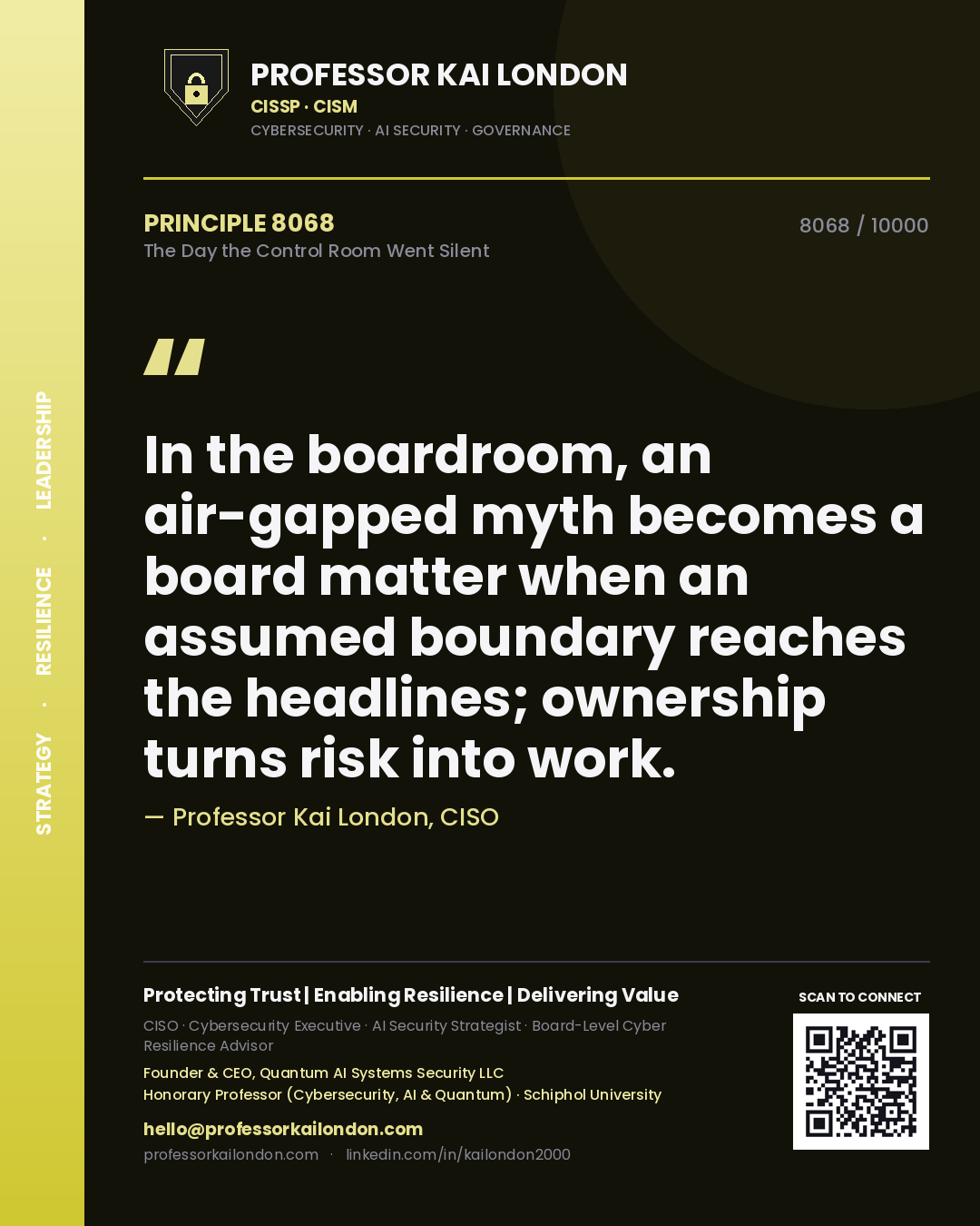 Professor Kai London principle 8068: In the boardroom, an air-gapped myth becomes a board matter when an assumed boundary reaches the headlines; ownership turns risk into work.