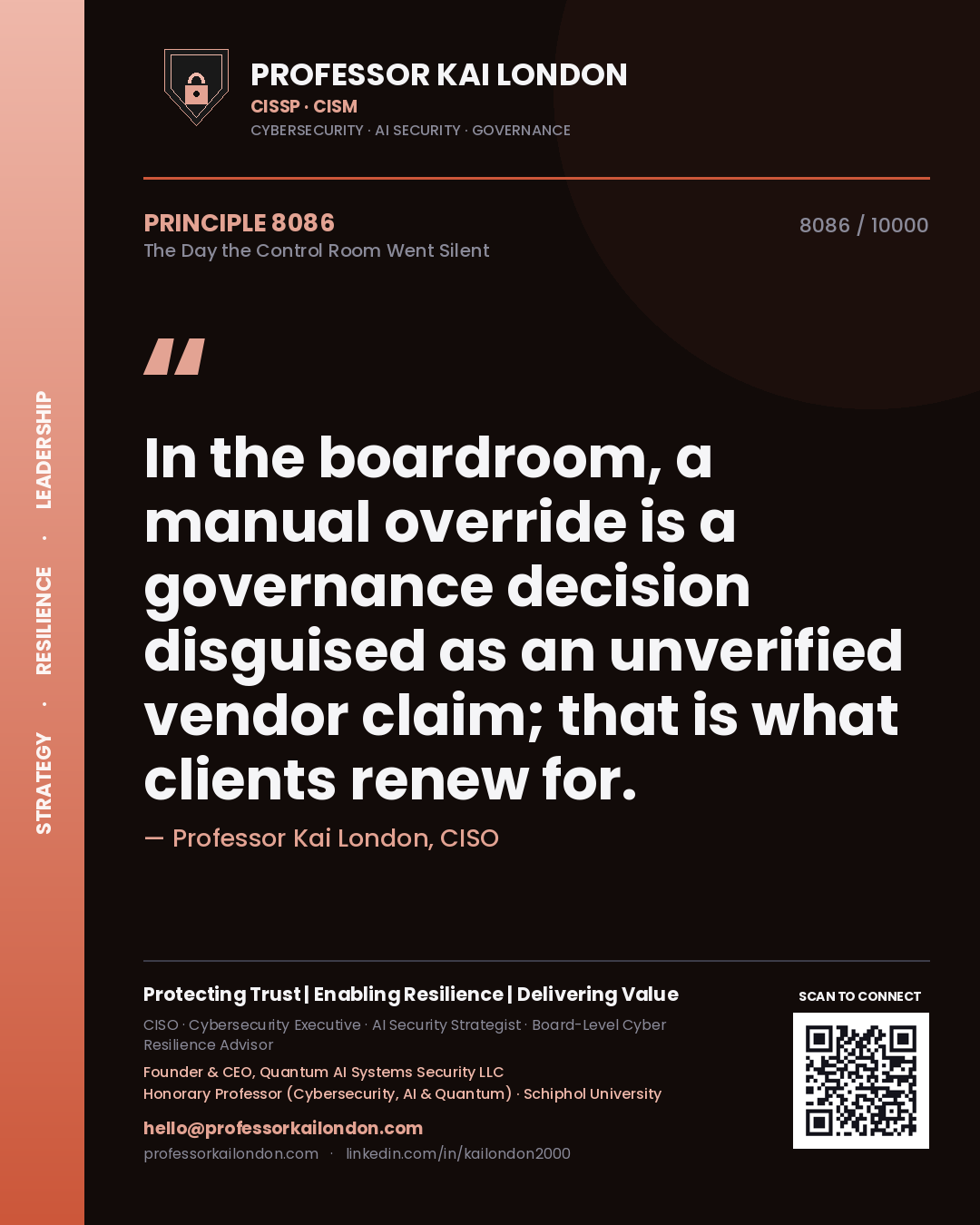 Professor Kai London principle 8086: In the boardroom, a manual override is a governance decision disguised as an unverified vendor claim; that is what clients renew for.