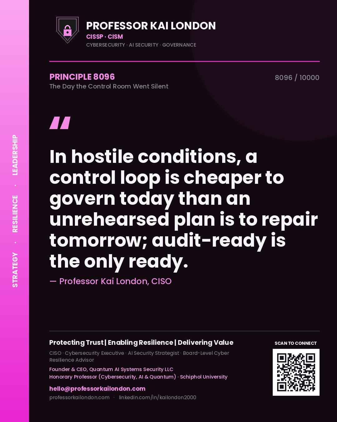 Professor Kai London principle 8096: In hostile conditions, a control loop is cheaper to govern today than an unrehearsed plan is to repair tomorrow; audit-ready is the only ready.