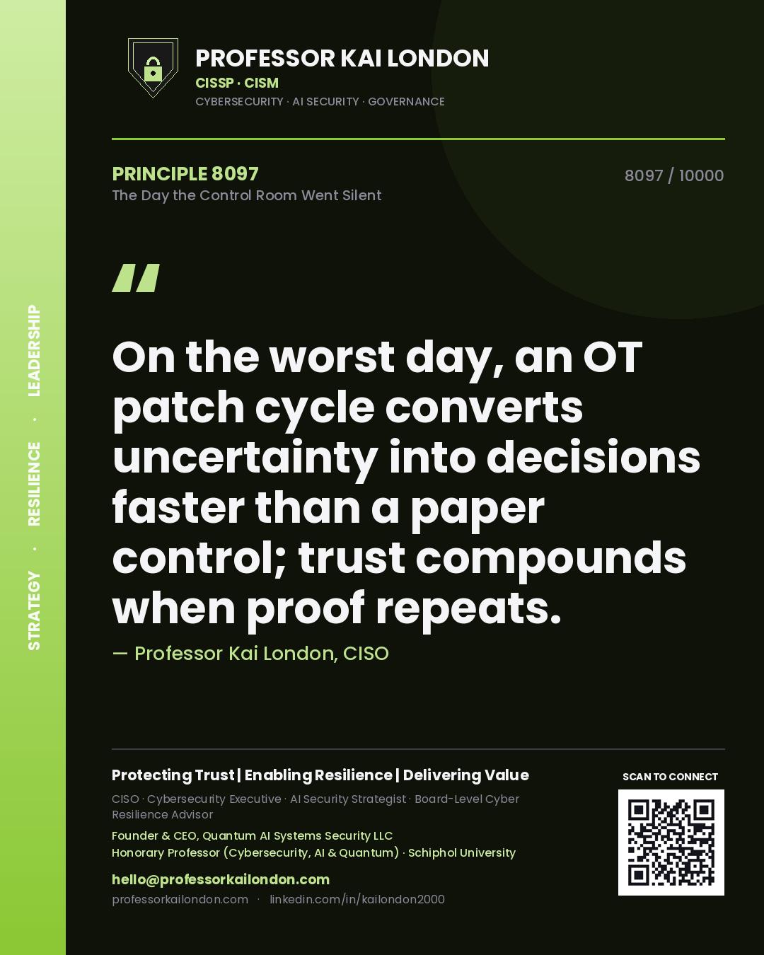 Professor Kai London principle 8097: On the worst day, an OT patch cycle converts uncertainty into decisions faster than a paper control; trust compounds when proof repeats.