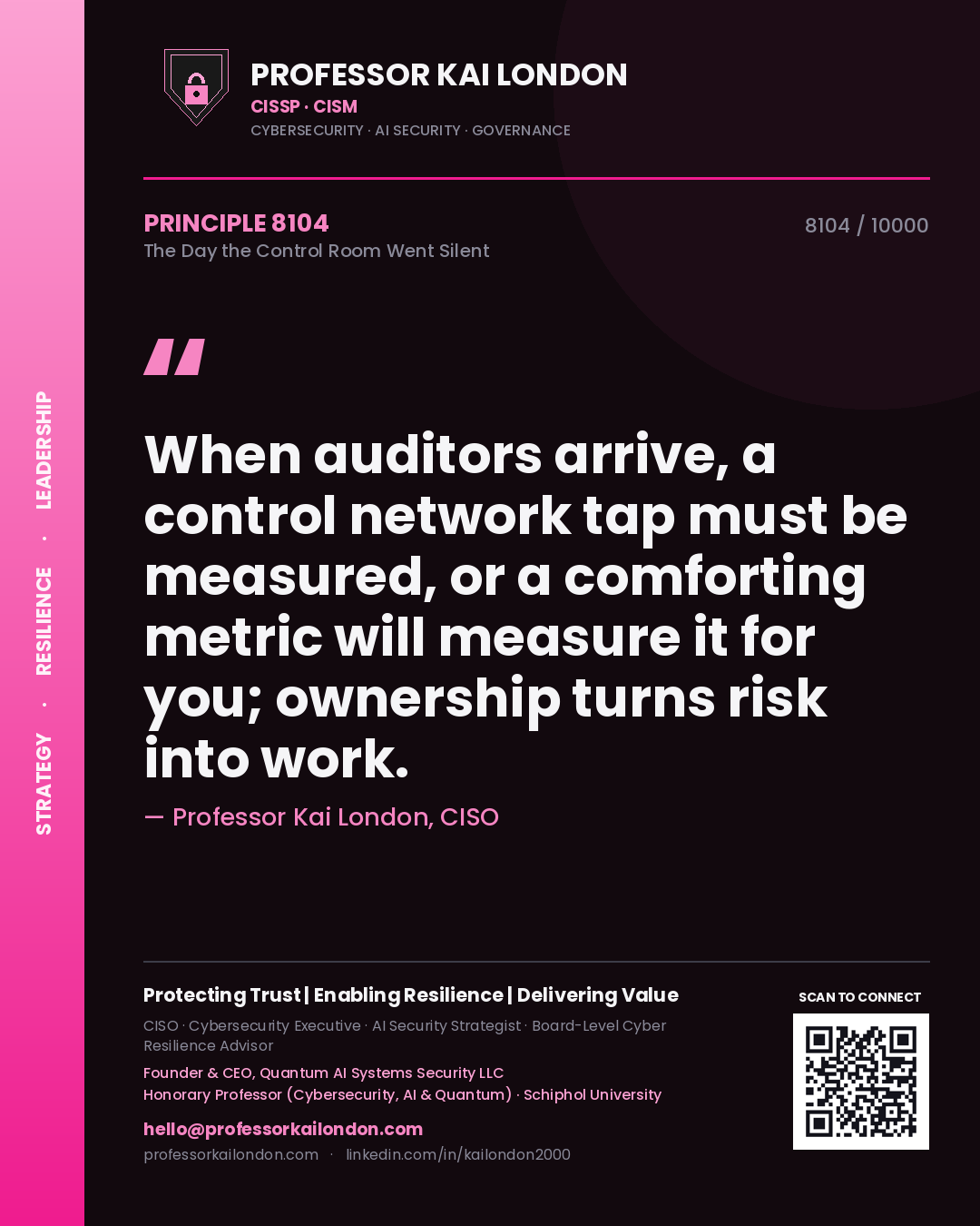 Professor Kai London principle 8104: When auditors arrive, a control network tap must be measured, or a comforting metric will measure it for you; ownership turns risk into work.