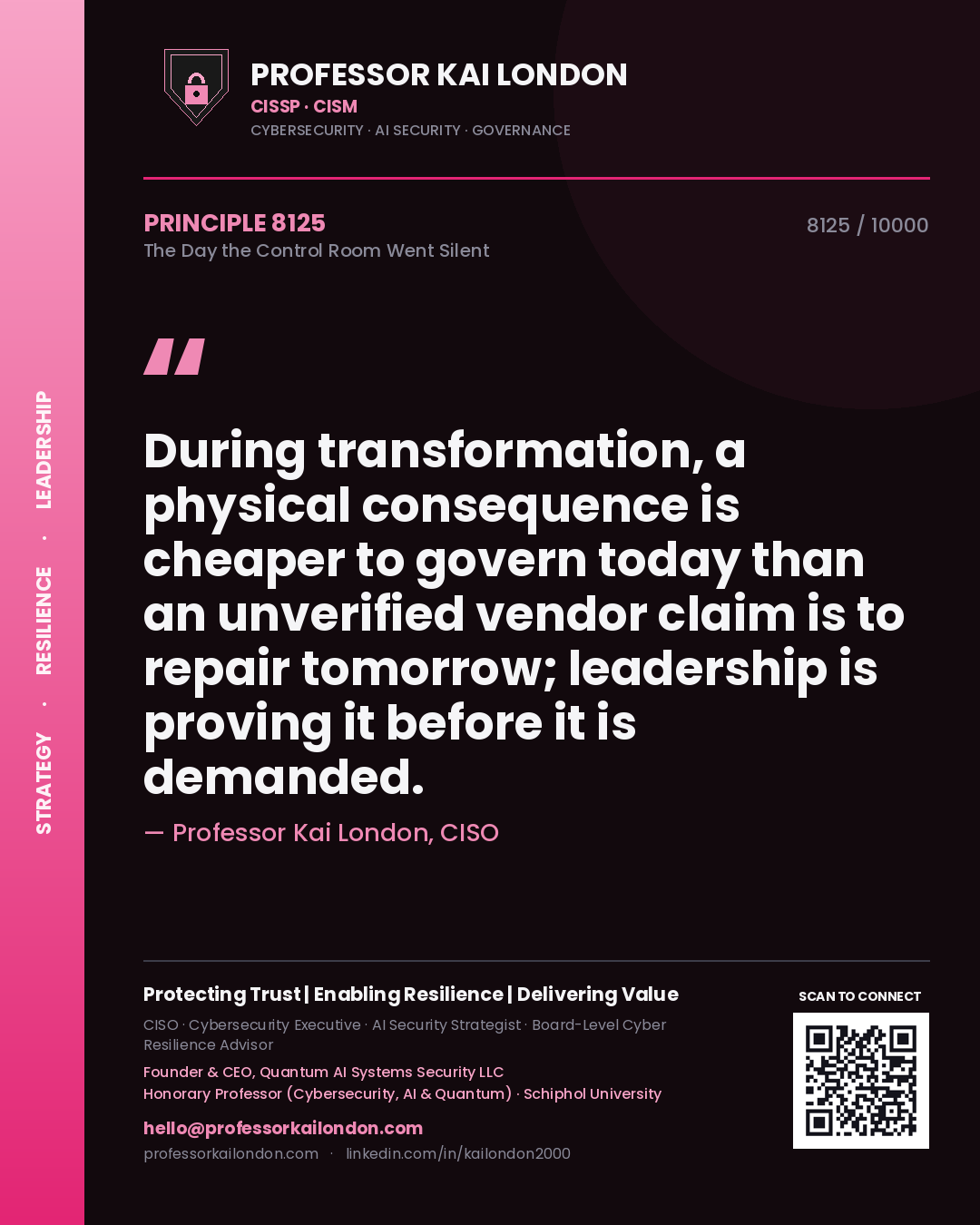 Professor Kai London principle 8125: During transformation, a physical consequence is cheaper to govern today than an unverified vendor claim is to repair tomorrow; leadership is proving it before it is demanded.