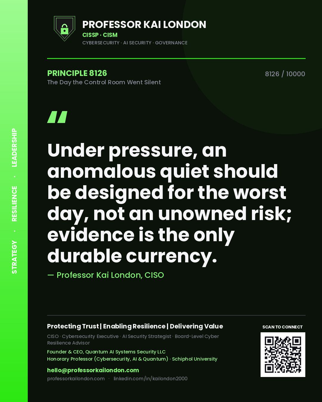 Professor Kai London principle 8126: Under pressure, an anomalous quiet should be designed for the worst day, not an unowned risk; evidence is the only durable currency.