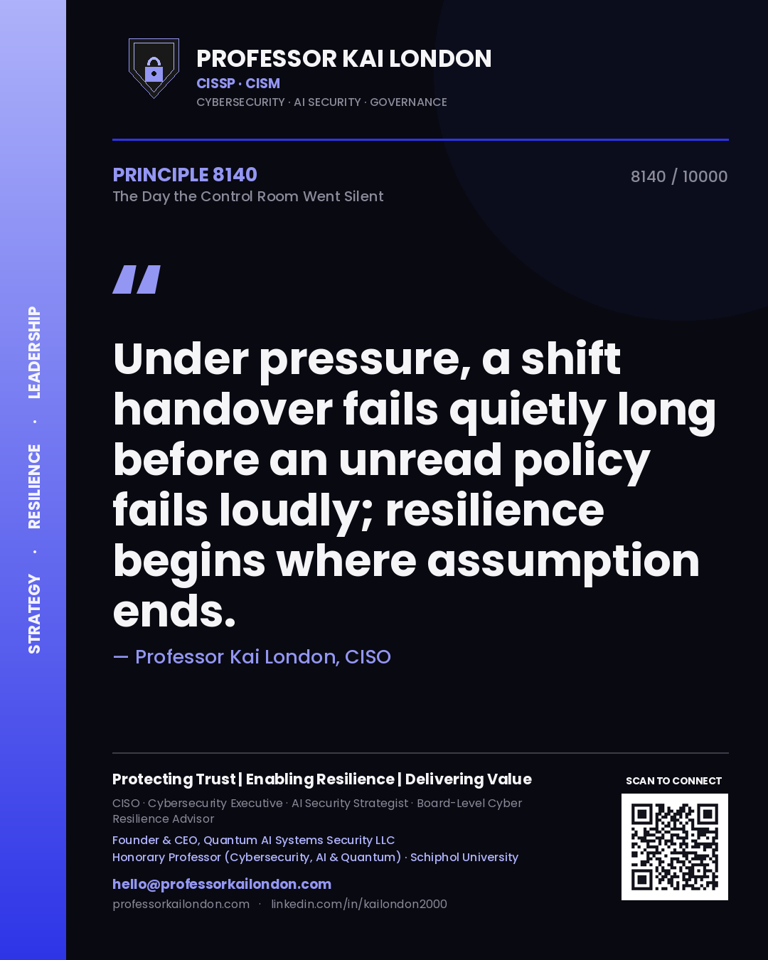 Professor Kai London principle 8140: Under pressure, a shift handover fails quietly long before an unread policy fails loudly; resilience begins where assumption ends.