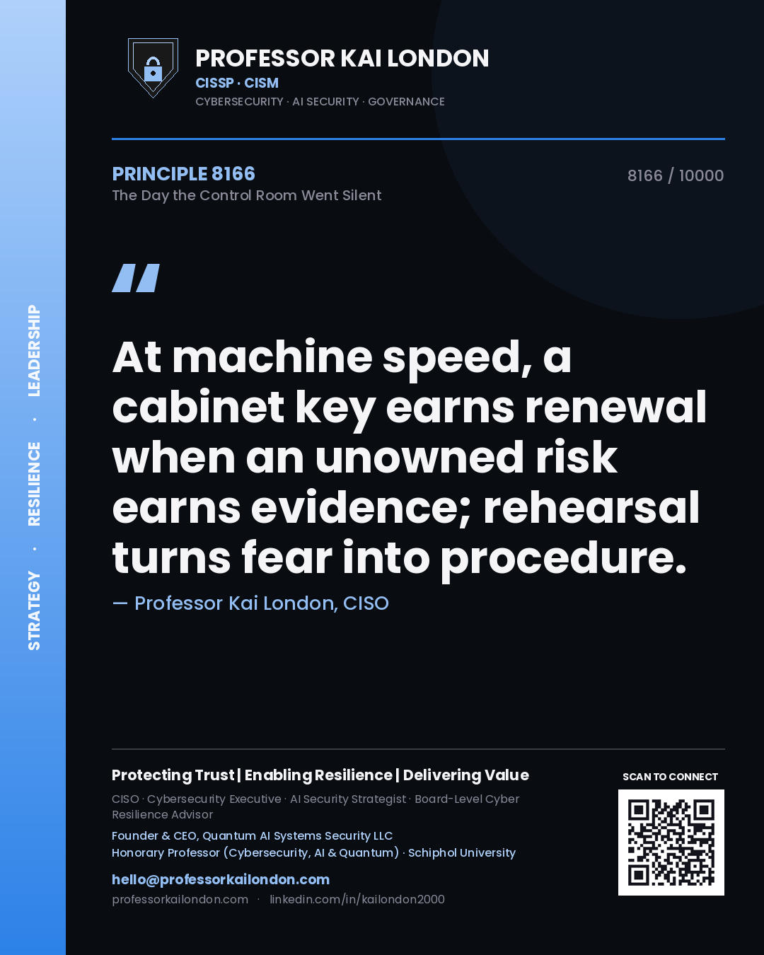 Professor Kai London principle 8166: At machine speed, a cabinet key earns renewal when an unowned risk earns evidence; rehearsal turns fear into procedure.
