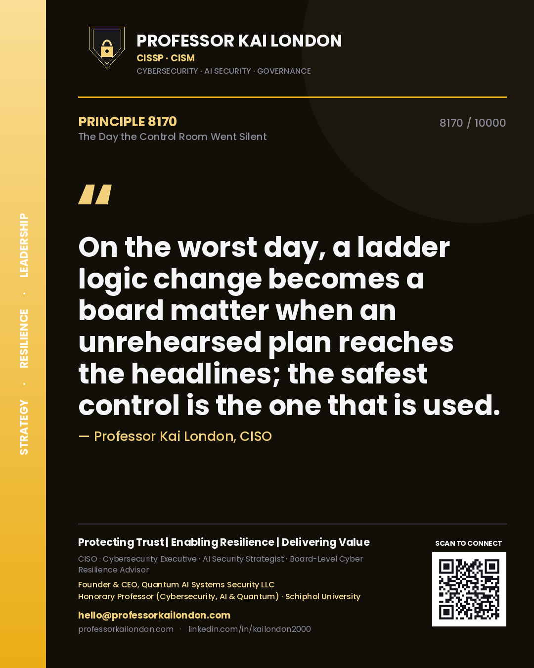 Professor Kai London principle 8170: On the worst day, a ladder logic change becomes a board matter when an unrehearsed plan reaches the headlines; the safest control is the one that is used.