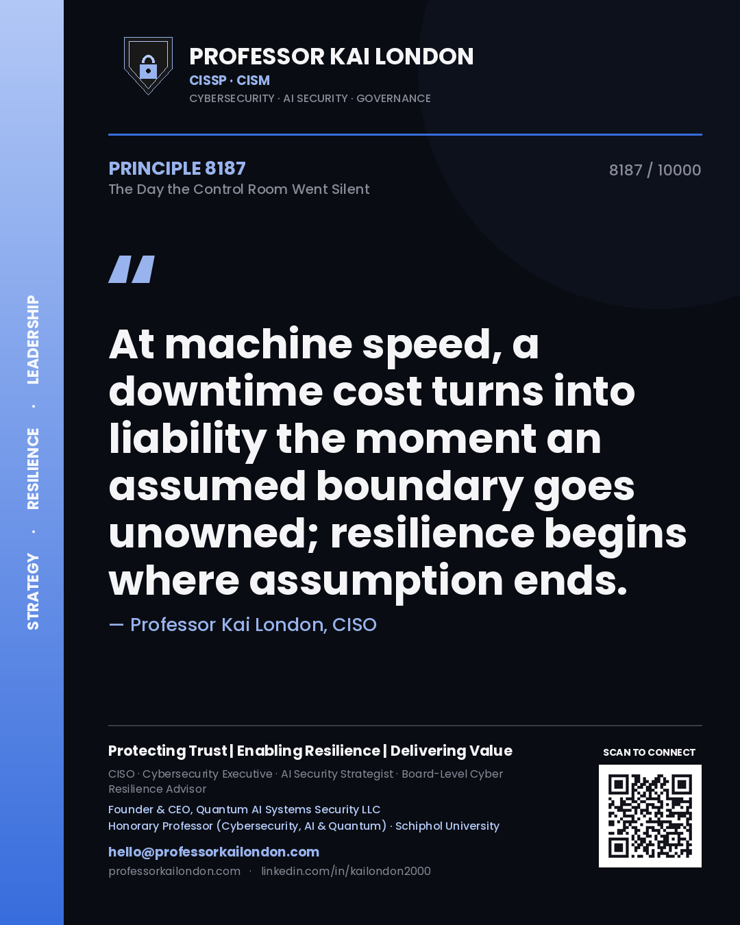 Professor Kai London principle 8187: At machine speed, a downtime cost turns into liability the moment an assumed boundary goes unowned; resilience begins where assumption ends.