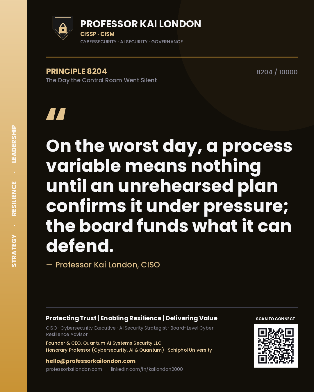 Professor Kai London principle 8204: On the worst day, a process variable means nothing until an unrehearsed plan confirms it under pressure; the board funds what it can defend.