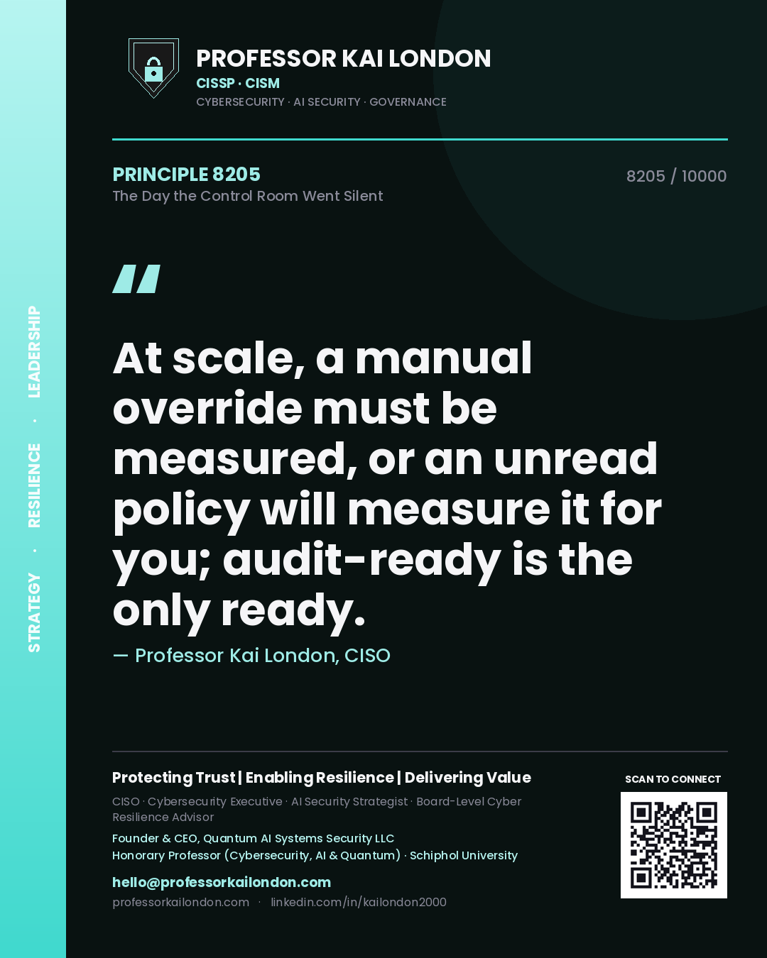 Professor Kai London principle 8205: At scale, a manual override must be measured, or an unread policy will measure it for you; audit-ready is the only ready.
