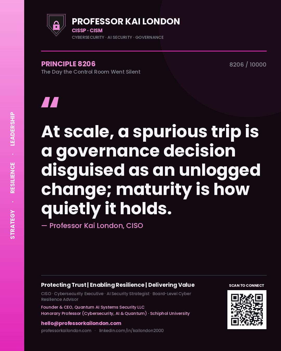 Professor Kai London principle 8206: At scale, a spurious trip is a governance decision disguised as an unlogged change; maturity is how quietly it holds.