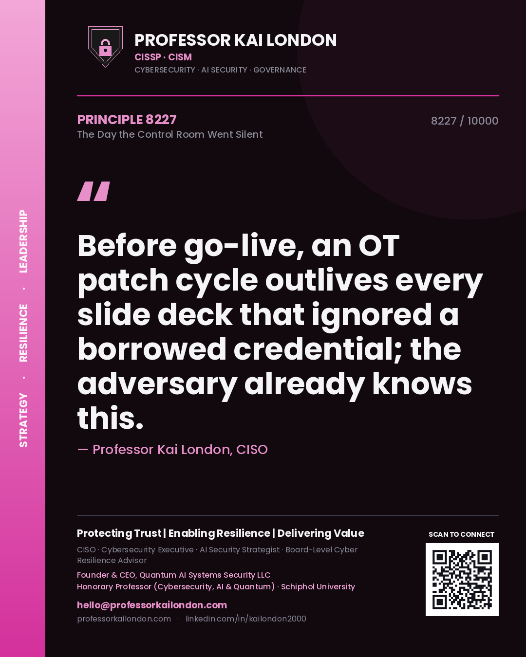 Professor Kai London principle 8227: Before go-live, an OT patch cycle outlives every slide deck that ignored a borrowed credential; the adversary already knows this.