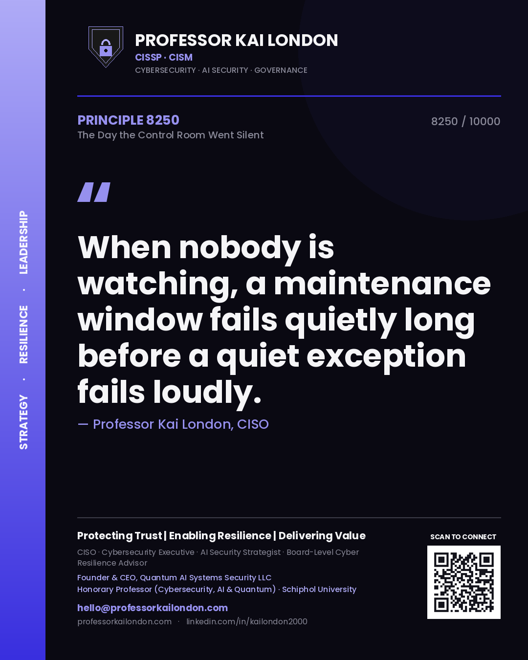 Professor Kai London principle 8250: When nobody is watching, a maintenance window fails quietly long before a quiet exception fails loudly.