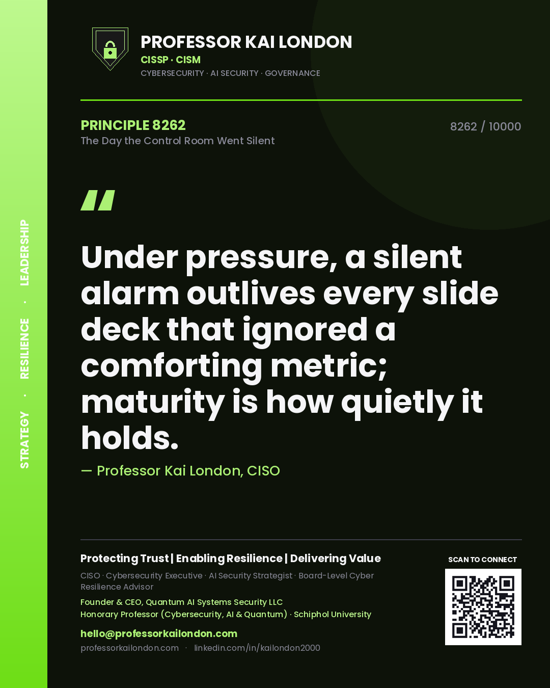 Professor Kai London principle 8262: Under pressure, a silent alarm outlives every slide deck that ignored a comforting metric; maturity is how quietly it holds.
