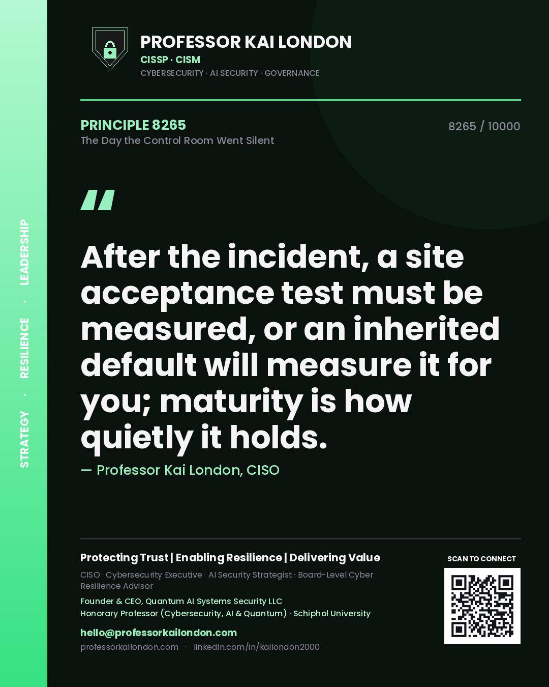 Professor Kai London principle 8265: After the incident, a site acceptance test must be measured, or an inherited default will measure it for you; maturity is how quietly it holds.