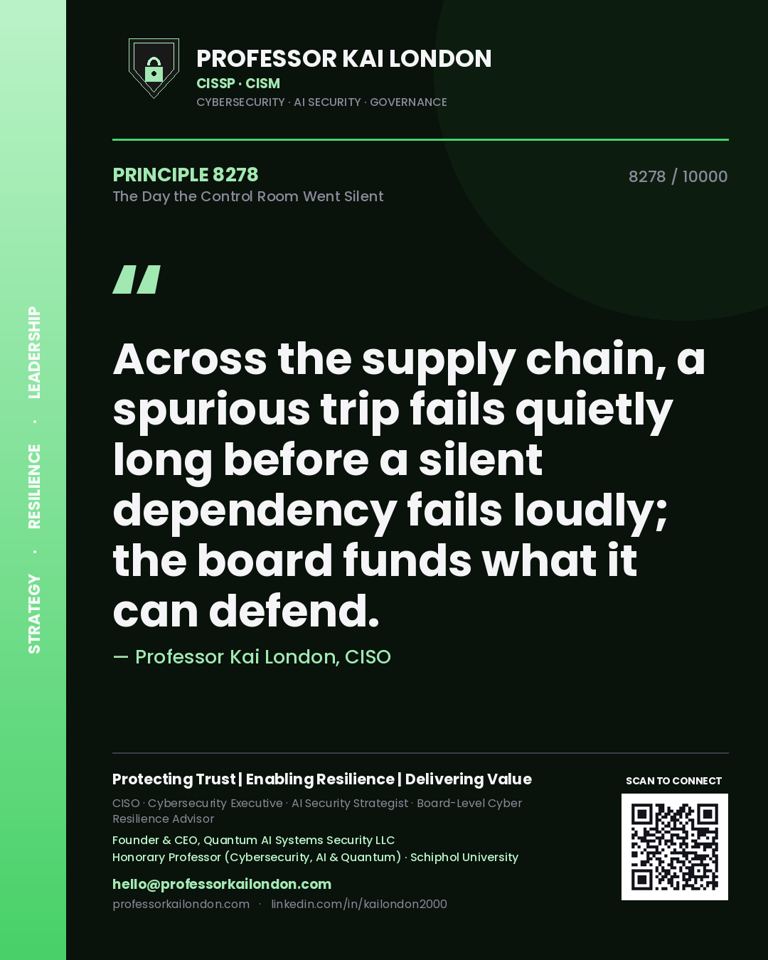 Professor Kai London principle 8278: Across the supply chain, a spurious trip fails quietly long before a silent dependency fails loudly; the board funds what it can defend.