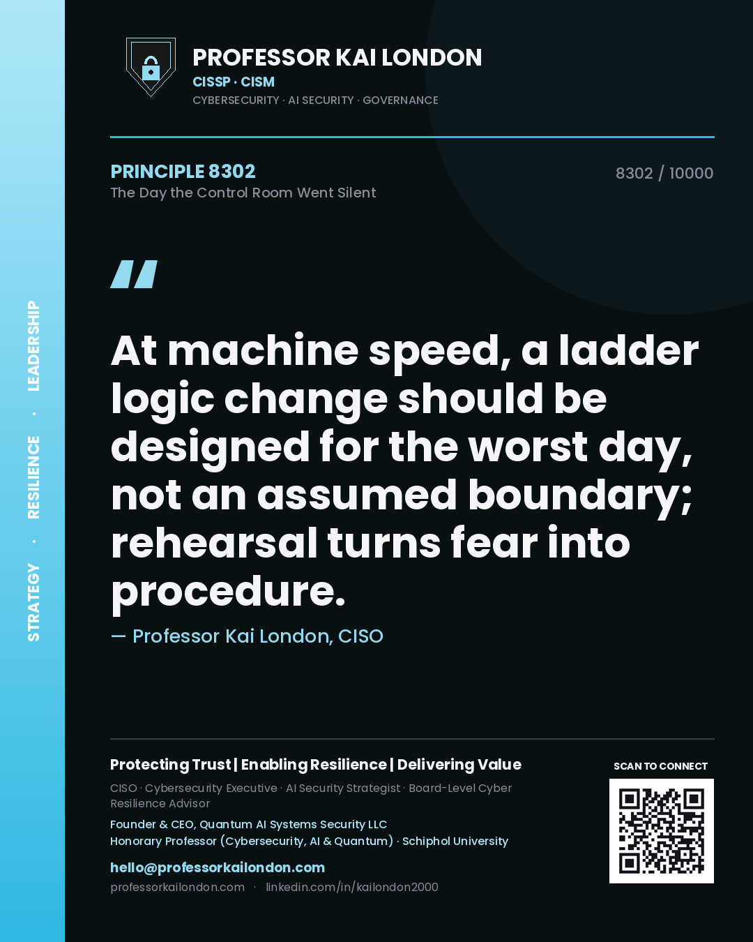 Professor Kai London principle 8302: At machine speed, a ladder logic change should be designed for the worst day, not an assumed boundary; rehearsal turns fear into procedure.