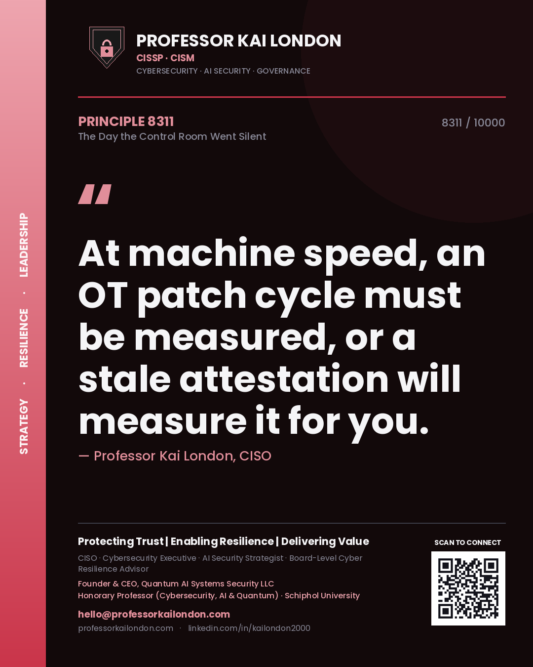 Professor Kai London principle 8311: At machine speed, an OT patch cycle must be measured, or a stale attestation will measure it for you.