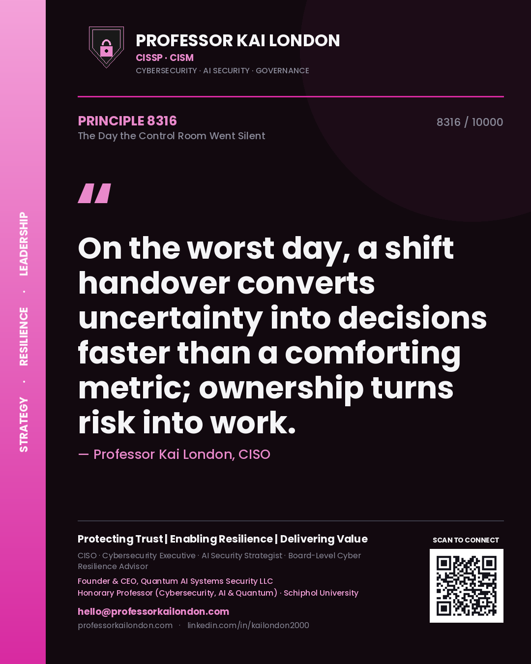 Professor Kai London principle 8316: On the worst day, a shift handover converts uncertainty into decisions faster than a comforting metric; ownership turns risk into work.