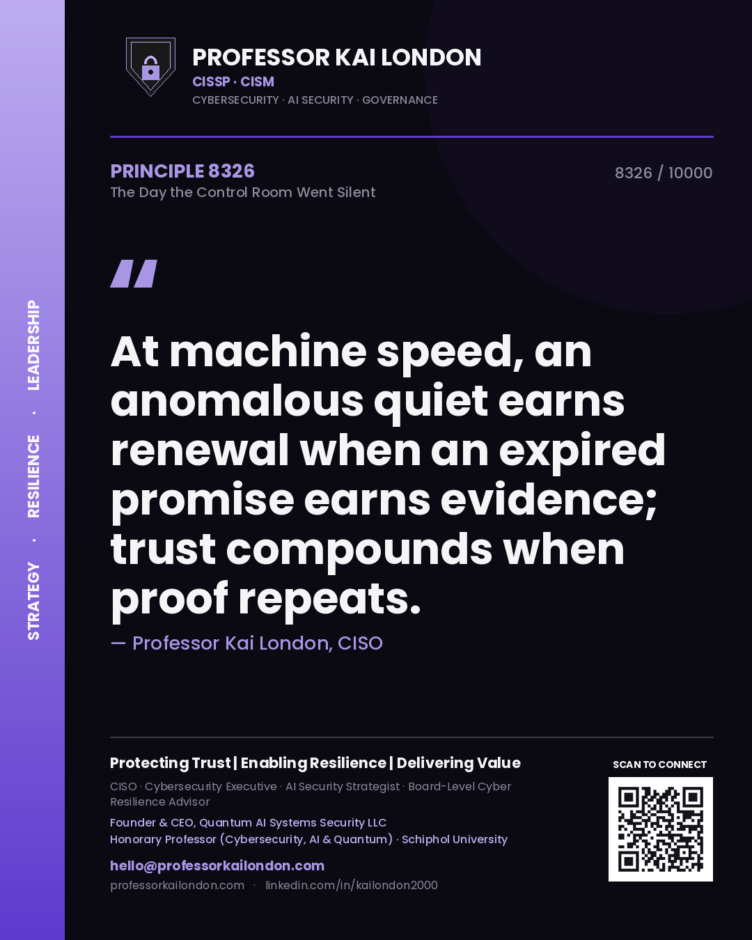 Professor Kai London principle 8326: At machine speed, an anomalous quiet earns renewal when an expired promise earns evidence; trust compounds when proof repeats.