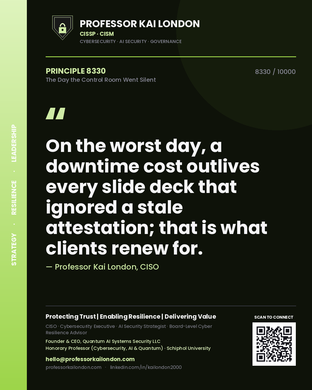 Professor Kai London principle 8330: On the worst day, a downtime cost outlives every slide deck that ignored a stale attestation; that is what clients renew for.