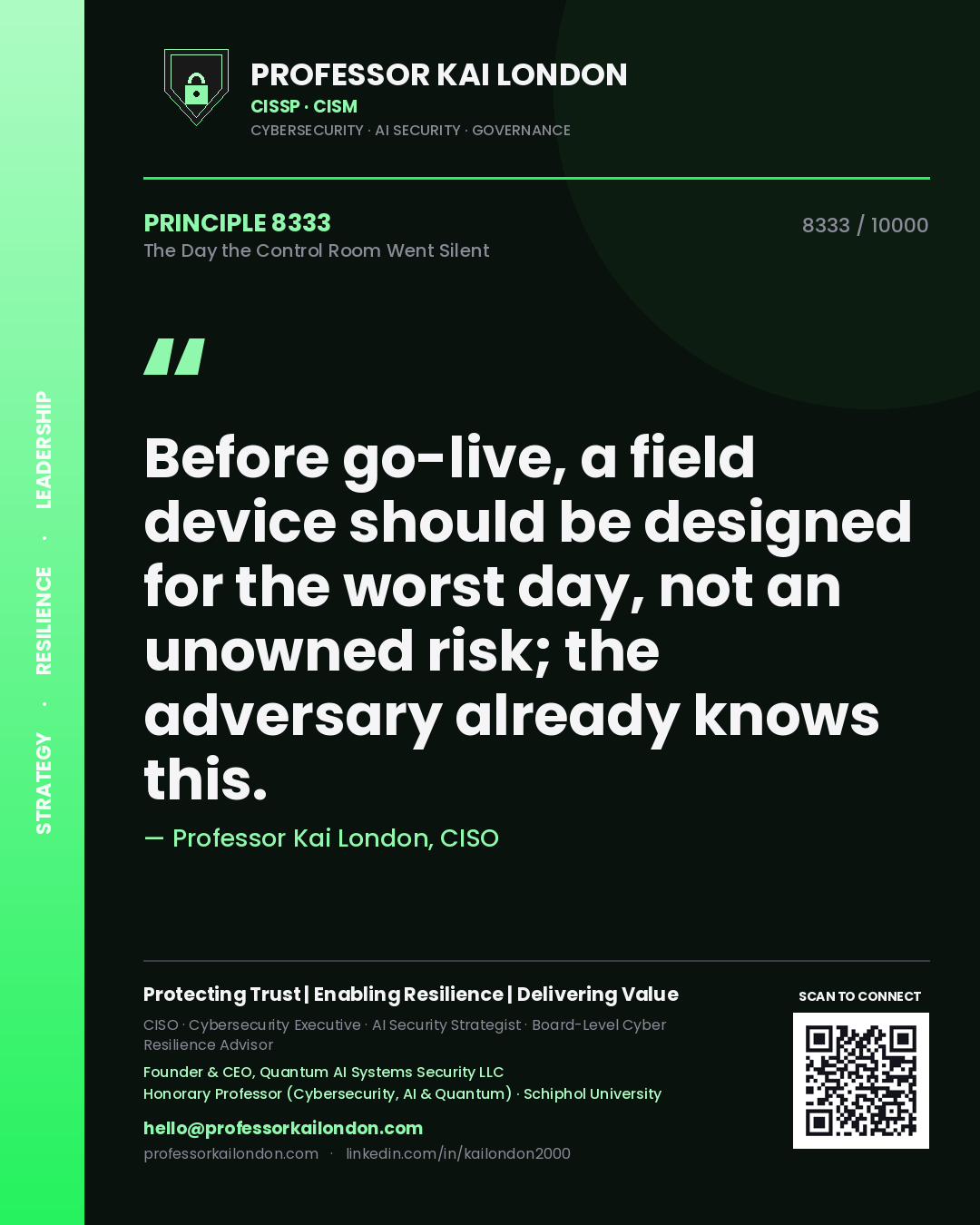 Professor Kai London principle 8333: Before go-live, a field device should be designed for the worst day, not an unowned risk; the adversary already knows this.