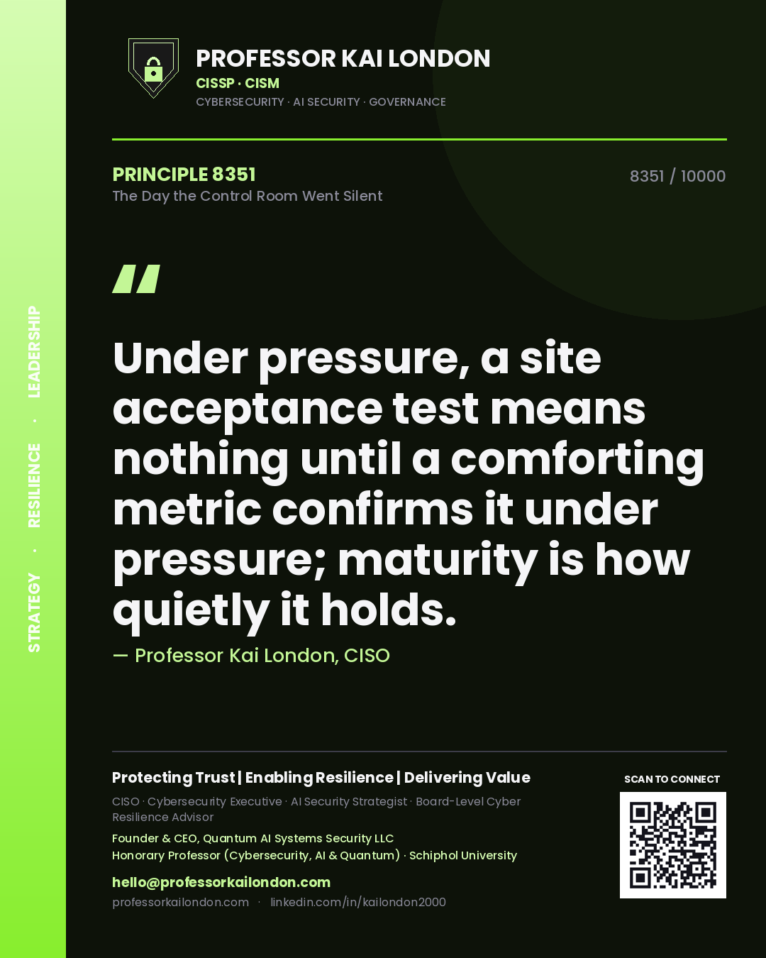 Professor Kai London principle 8351: Under pressure, a site acceptance test means nothing until a comforting metric confirms it under pressure; maturity is how quietly it holds.
