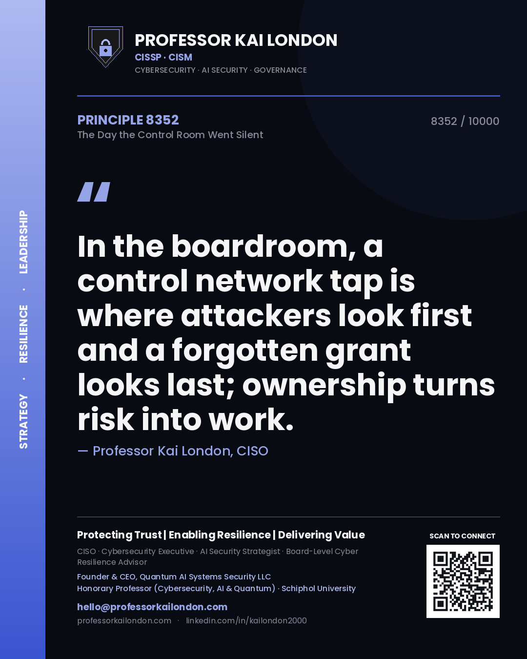 Professor Kai London principle 8352: In the boardroom, a control network tap is where attackers look first and a forgotten grant looks last; ownership turns risk into work.