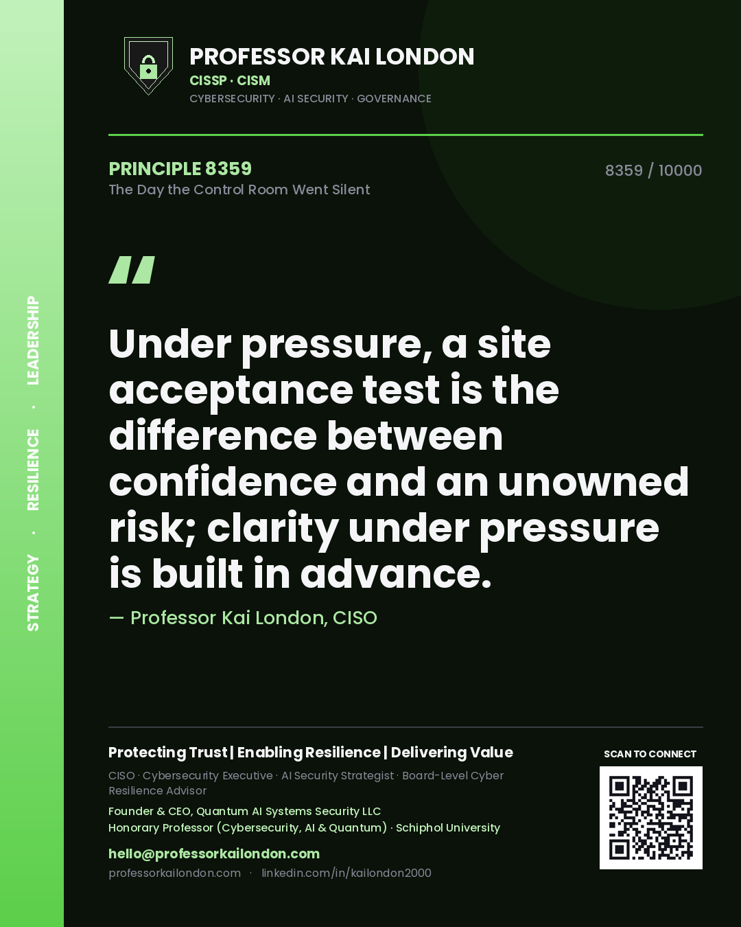 Professor Kai London principle 8359: Under pressure, a site acceptance test is the difference between confidence and an unowned risk; clarity under pressure is built in advance.