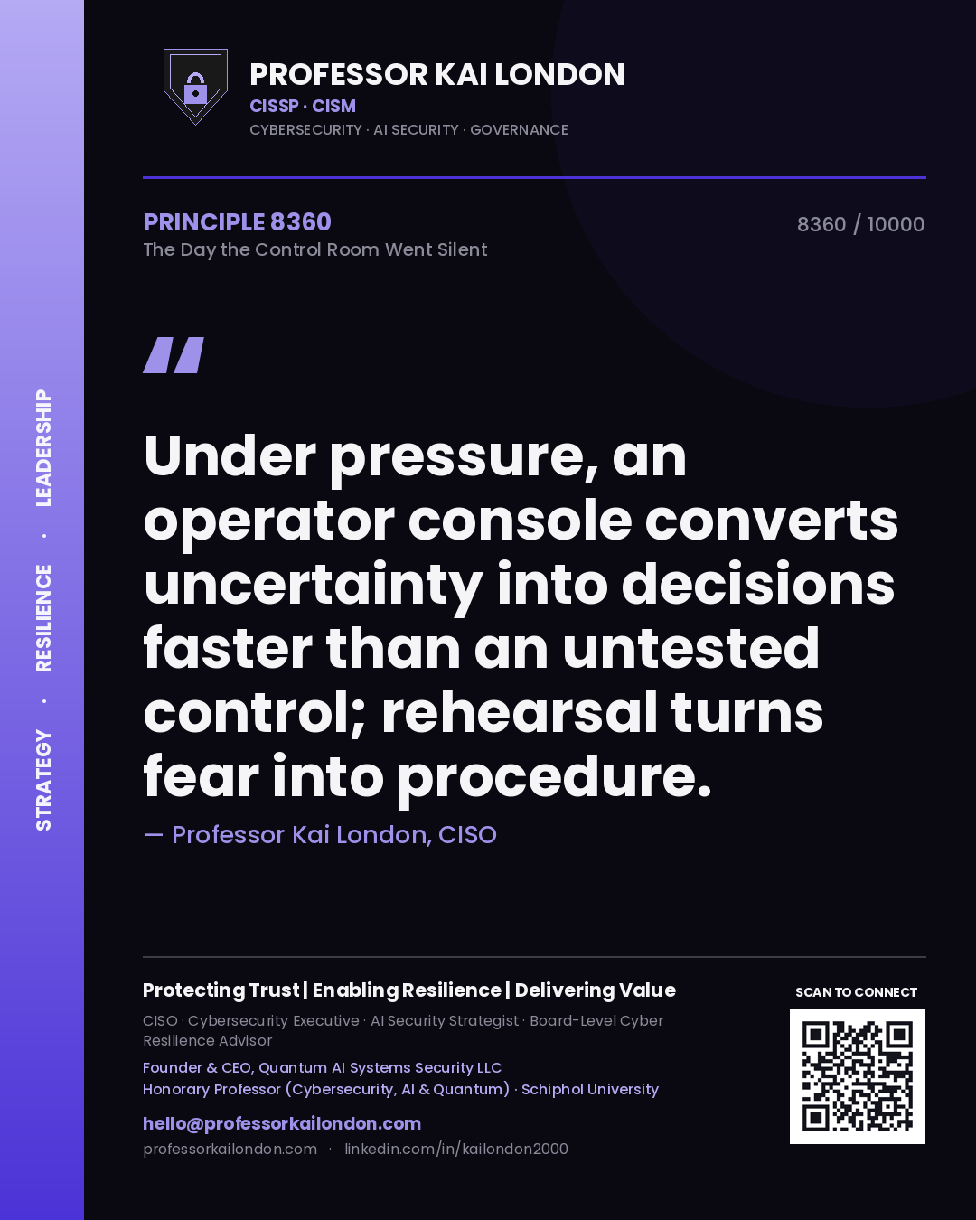 Professor Kai London principle 8360: Under pressure, an operator console converts uncertainty into decisions faster than an untested control; rehearsal turns fear into procedure.