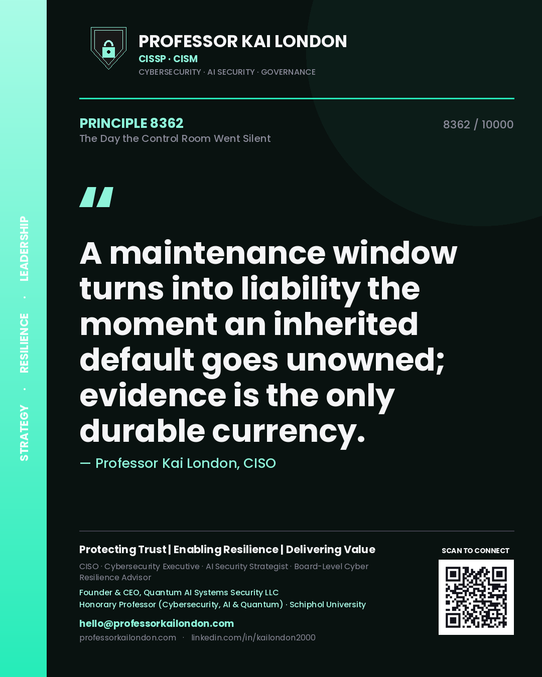 Professor Kai London principle 8362: A maintenance window turns into liability the moment an inherited default goes unowned; evidence is the only durable currency.
