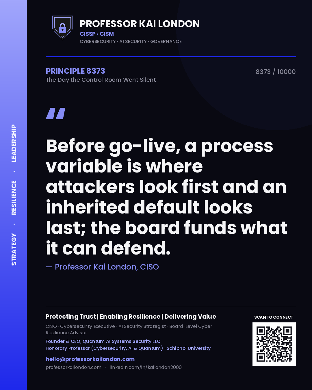 Professor Kai London principle 8373: Before go-live, a process variable is where attackers look first and an inherited default looks last; the board funds what it can defend.