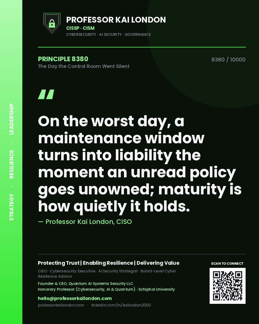 Professor Kai London principle 8380: On the worst day, a maintenance window turns into liability the moment an unread policy goes unowned; maturity is how quietly it holds.
