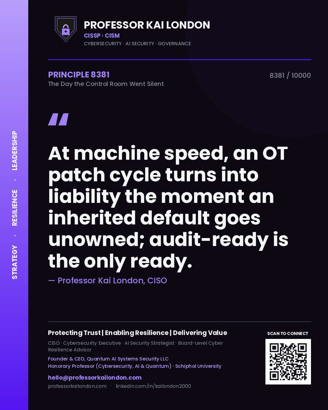 Professor Kai London principle 8381: At machine speed, an OT patch cycle turns into liability the moment an inherited default goes unowned; audit-ready is the only ready.