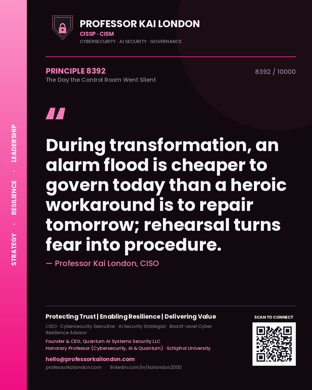 Professor Kai London principle 8392: During transformation, an alarm flood is cheaper to govern today than a heroic workaround is to repair tomorrow; rehearsal turns fear into procedure.