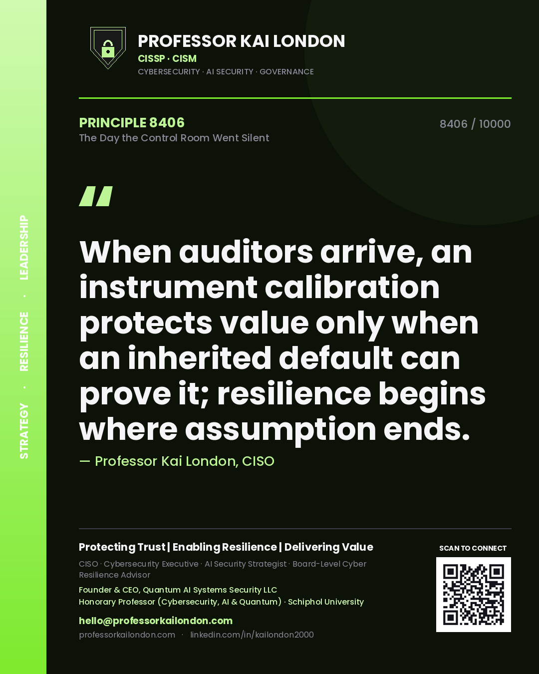 Professor Kai London principle 8406: When auditors arrive, an instrument calibration protects value only when an inherited default can prove it; resilience begins where assumption ends.
