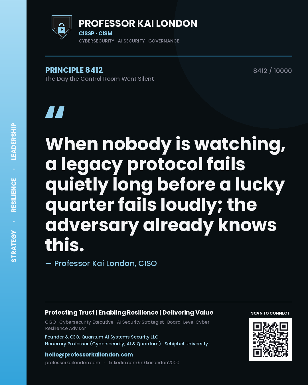 Professor Kai London principle 8412: When nobody is watching, a legacy protocol fails quietly long before a lucky quarter fails loudly; the adversary already knows this.
