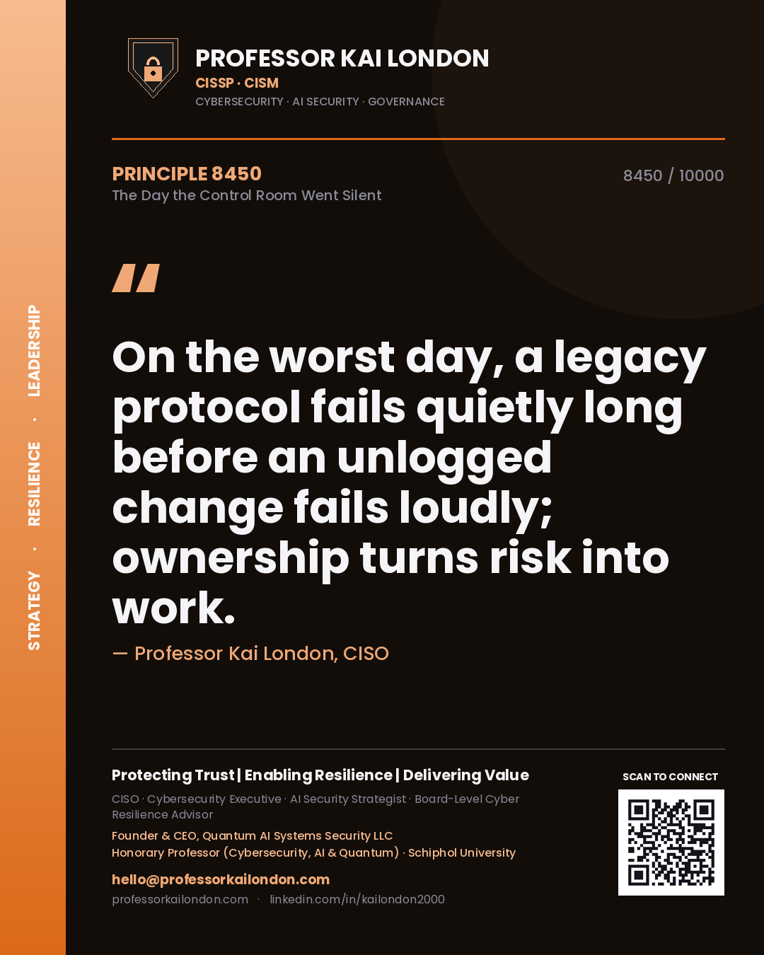 Professor Kai London principle 8450: On the worst day, a legacy protocol fails quietly long before an unlogged change fails loudly; ownership turns risk into work.