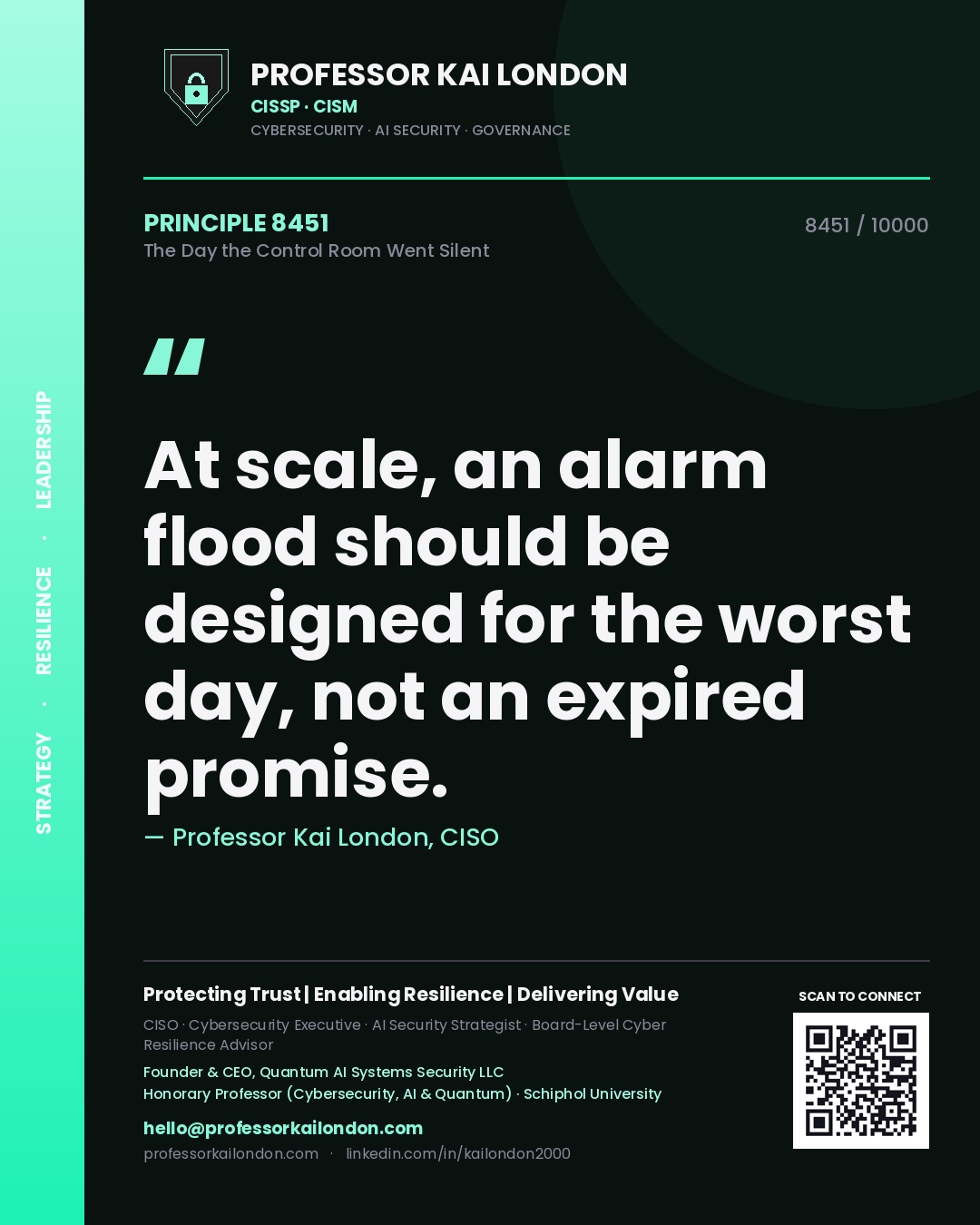Professor Kai London principle 8451: At scale, an alarm flood should be designed for the worst day, not an expired promise.
