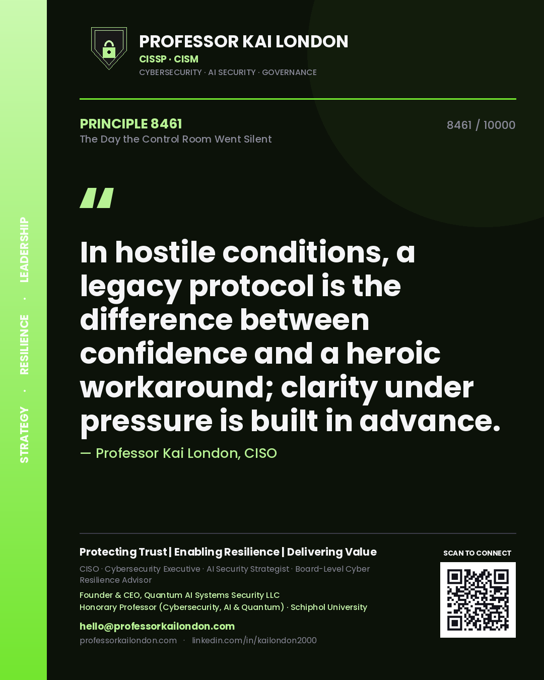 Professor Kai London principle 8461: In hostile conditions, a legacy protocol is the difference between confidence and a heroic workaround; clarity under pressure is built in advance.
