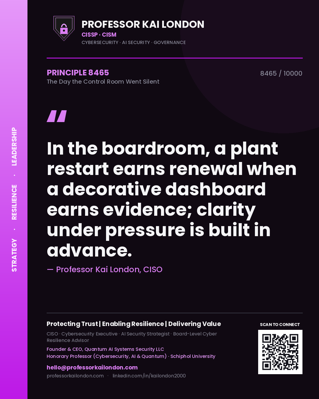Professor Kai London principle 8465: In the boardroom, a plant restart earns renewal when a decorative dashboard earns evidence; clarity under pressure is built in advance.