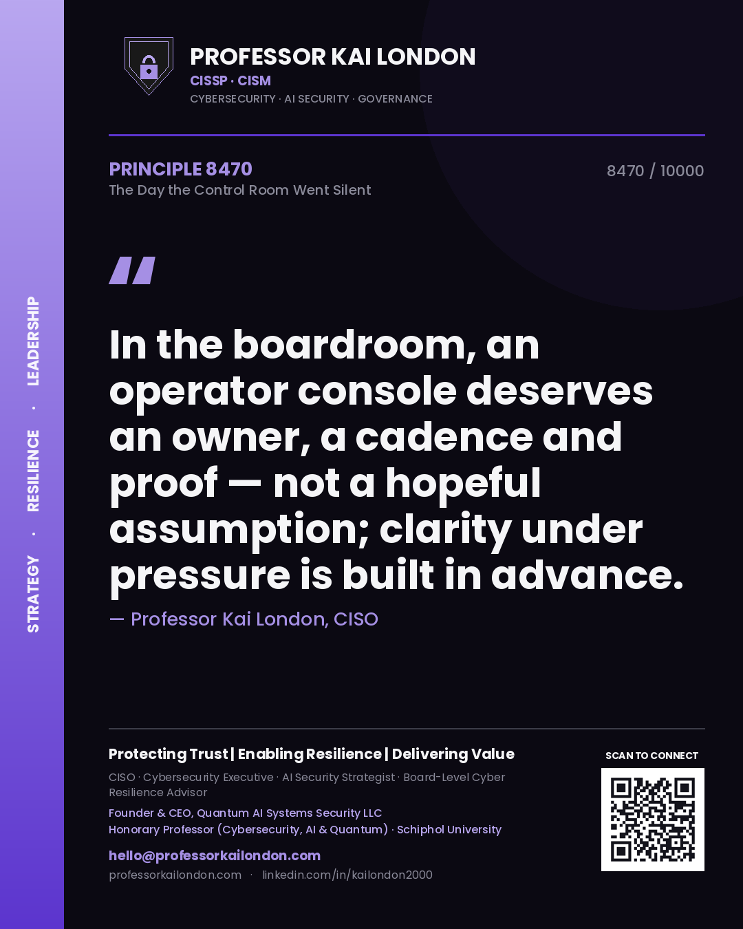 Professor Kai London principle 8470: In the boardroom, an operator console deserves an owner, a cadence and proof — not a hopeful assumption; clarity under pressure is built in advance.