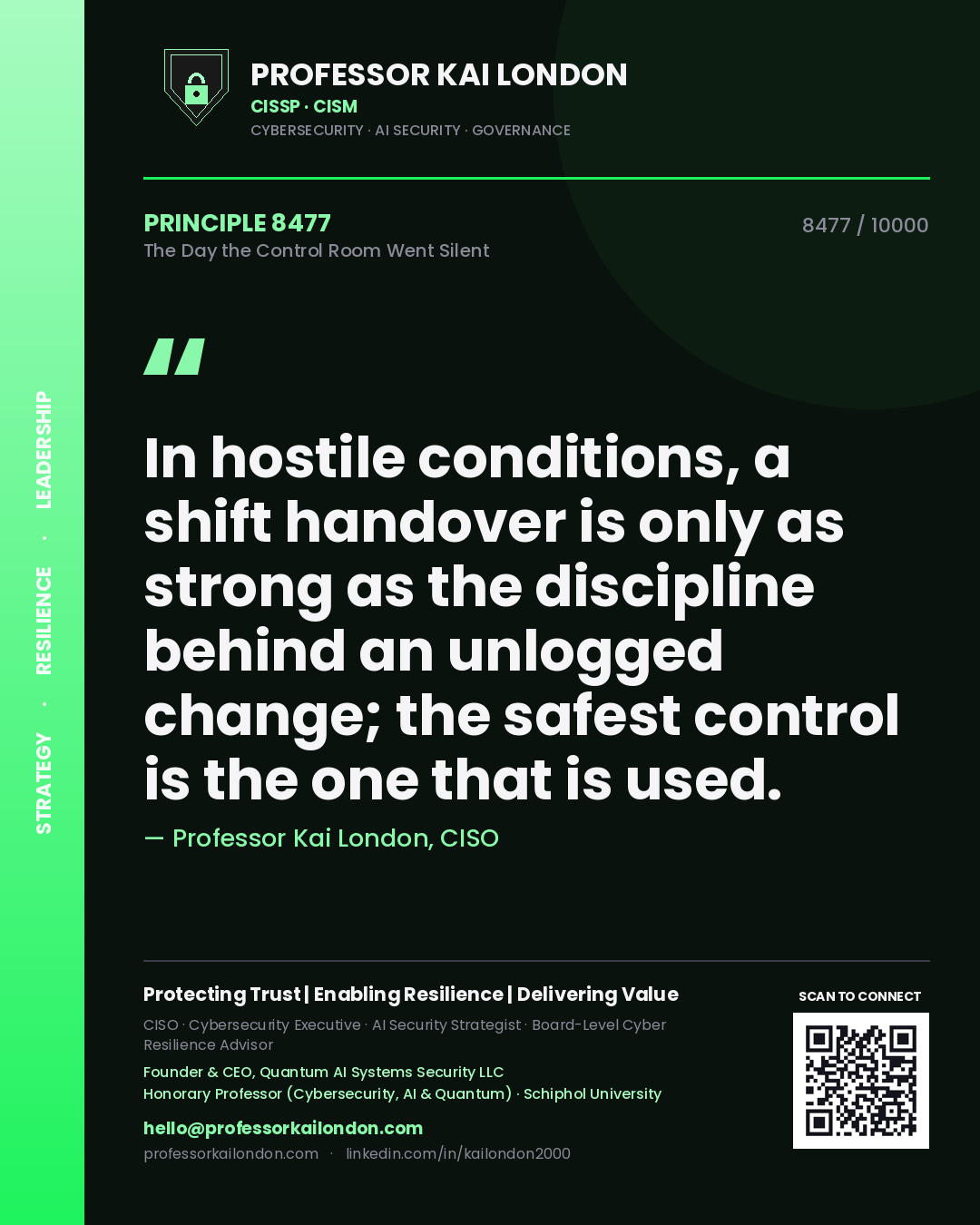 Professor Kai London principle 8477: In hostile conditions, a shift handover is only as strong as the discipline behind an unlogged change; the safest control is the one that is used.