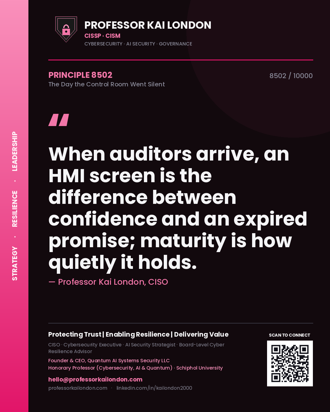 Professor Kai London principle 8502: When auditors arrive, an HMI screen is the difference between confidence and an expired promise; maturity is how quietly it holds.