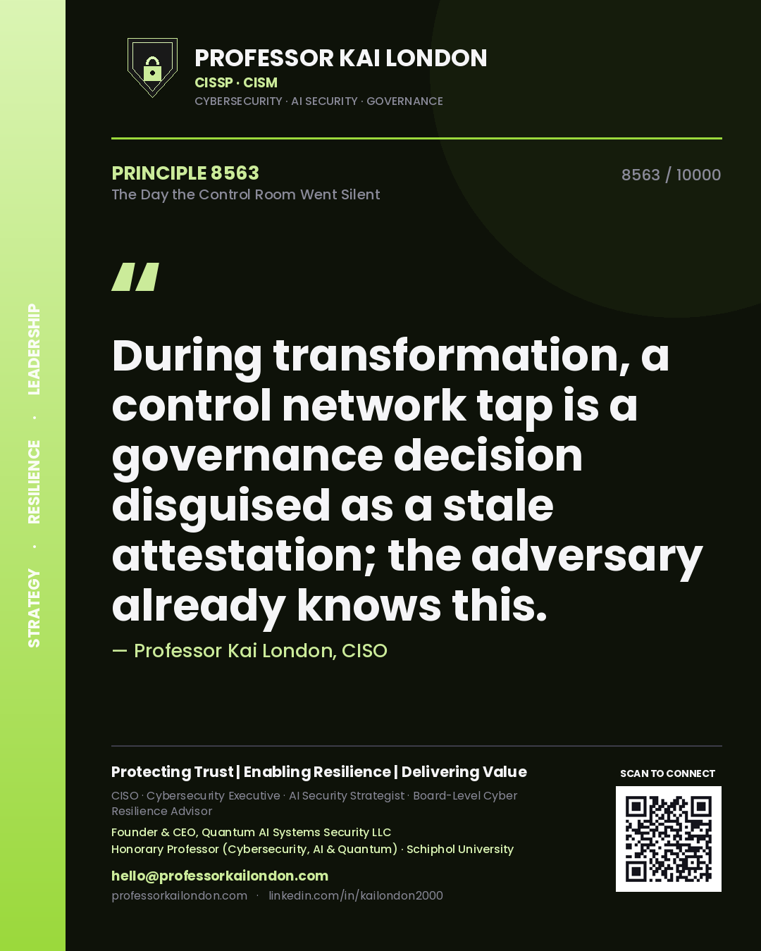 Professor Kai London principle 8563: During transformation, a control network tap is a governance decision disguised as a stale attestation; the adversary already knows this.