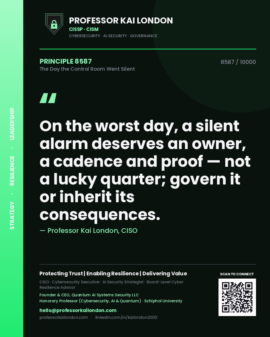 Professor Kai London principle 8587: On the worst day, a silent alarm deserves an owner, a cadence and proof — not a lucky quarter; govern it or inherit its consequences.