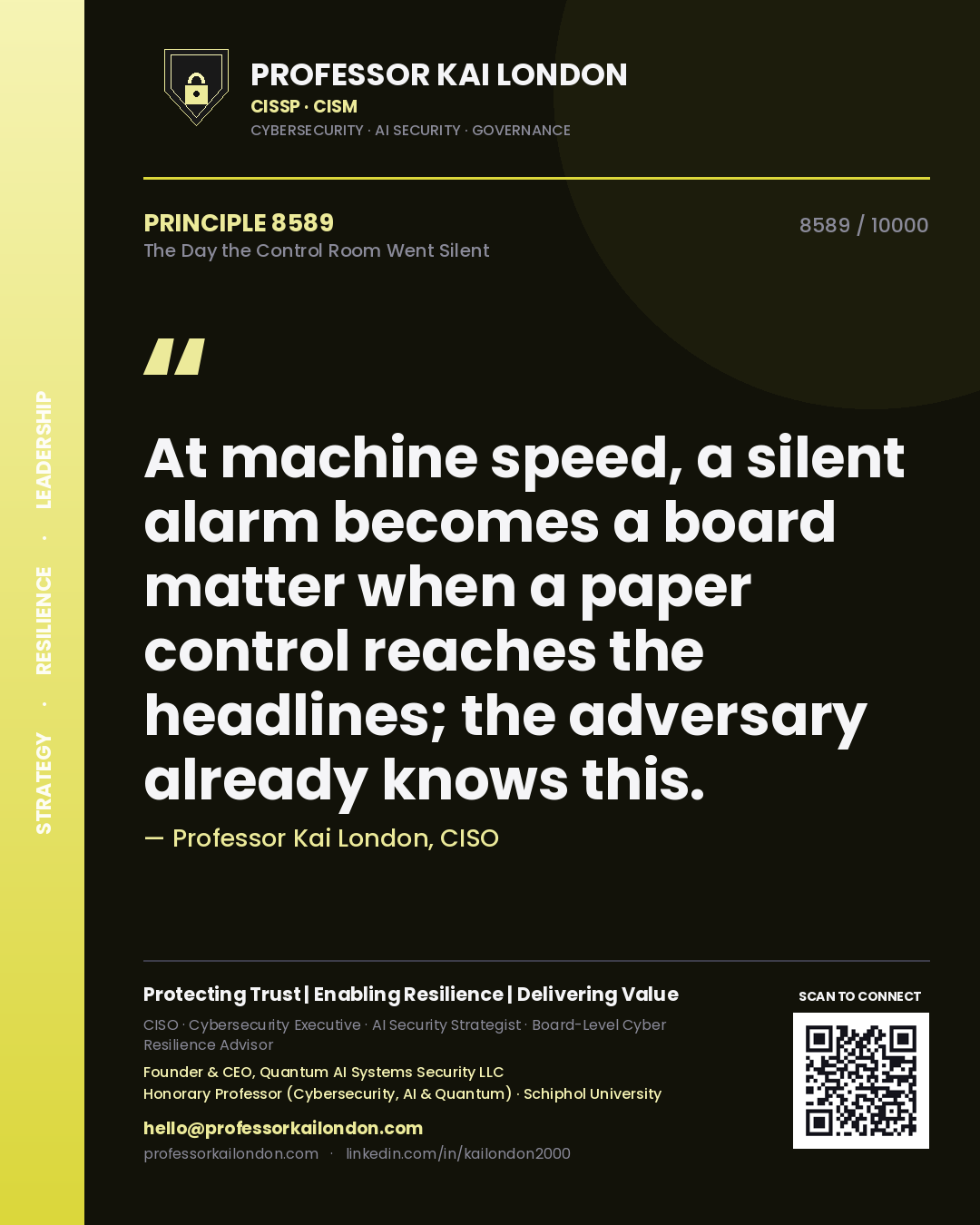 Professor Kai London principle 8589: At machine speed, a silent alarm becomes a board matter when a paper control reaches the headlines; the adversary already knows this.