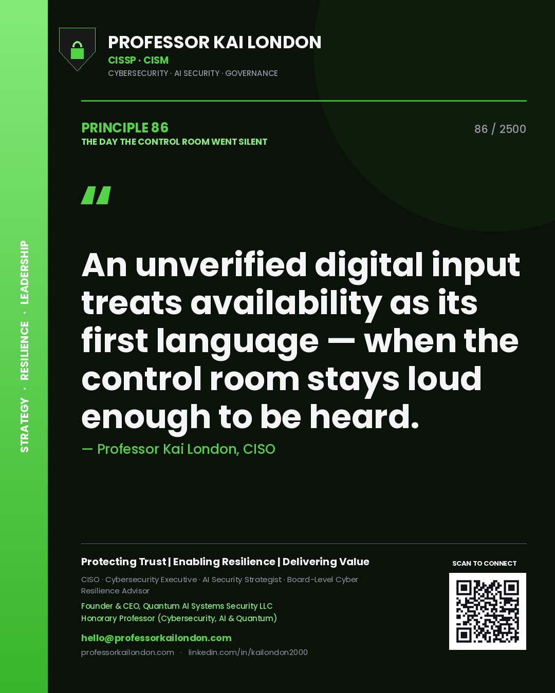 Professor Kai London principle 86: An unverified digital input treats availability as its first language — when the control room stays loud enough to be heard.