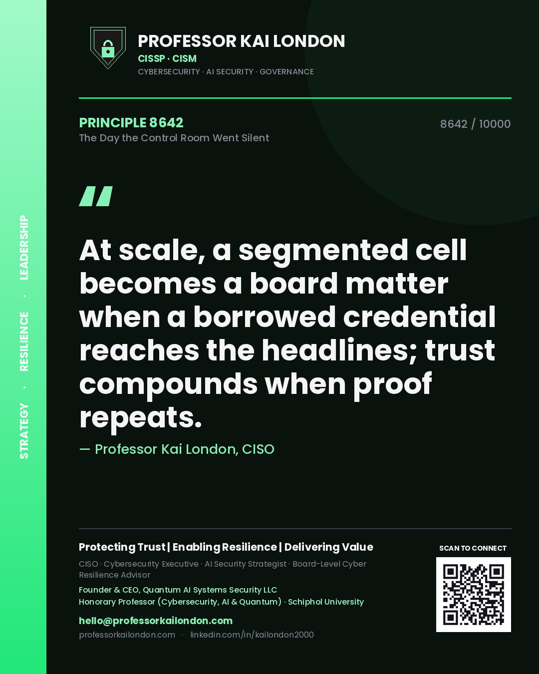 Professor Kai London principle 8642: At scale, a segmented cell becomes a board matter when a borrowed credential reaches the headlines; trust compounds when proof repeats.